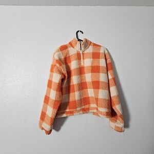 Womens Orange and Cream Plaid Fleece Pullover H&M Sz S